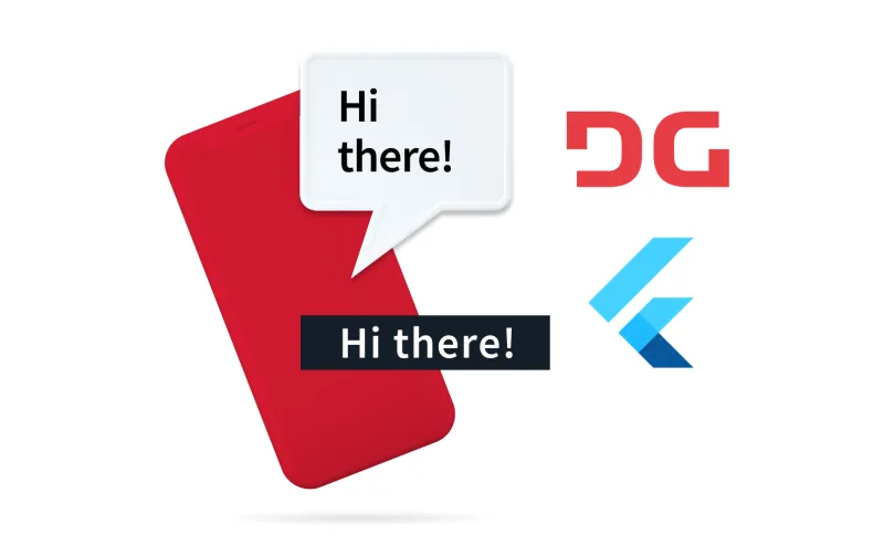 A whitebackground with a red phone and voice captions saying "hi There". To the right of this is the DeepGram logo and the Flutter logo.